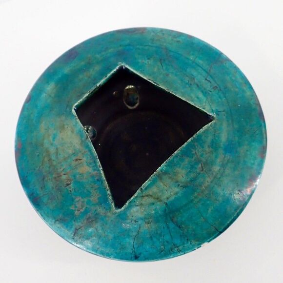 Turquoise Blue Signed Raku Sculpture Pottery Vase Bowl Iridescent Drip Glaze 8" - Picture 14 of 16